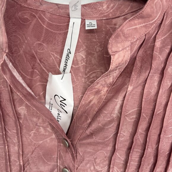 NY Collection Women's Petite 3/4 Sleeve Roll Tab Y Neck Pullover Top Pink PL NWT - Picture 4 of 5